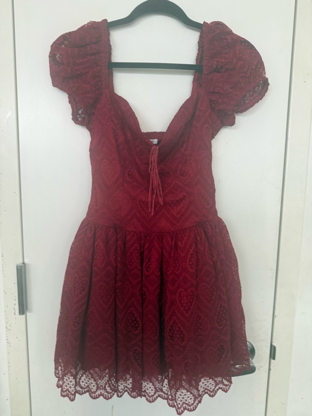 Kimchi Blue Burgundy Lace Short Dress with Puff Sleeves